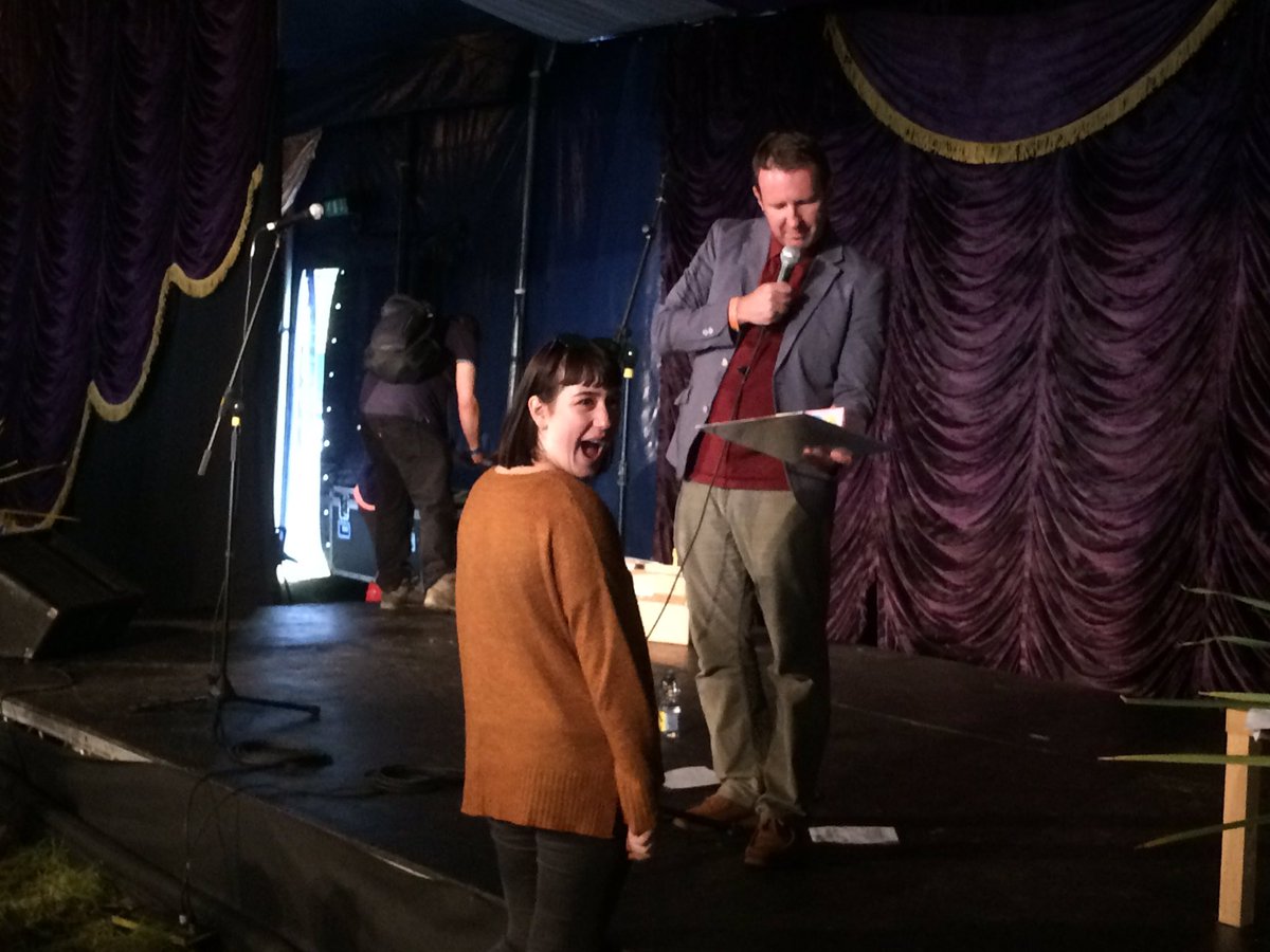 Proud 3rd place in the <a href="/GreenManFest/">Green Man</a> music quiz! <a href="/lilsgray/">Lily 🐮</a> collects the prizes from <a href="/rocking_bob/">bob stanley</a> <a href="/petepaphides/">Pete Paphides</a>