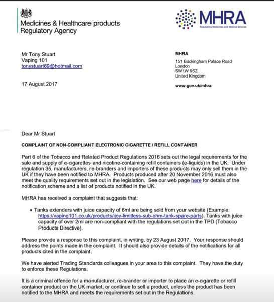 jsummers71's tweet photo. Tank extensions nope it seems. This is getting stupid, MHRA are widening the scope... #vapers #ABillionLives #NoTPD https://t.co/5JP0SI6mCi