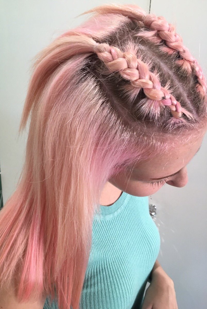V festival plaits with glitter and pink.