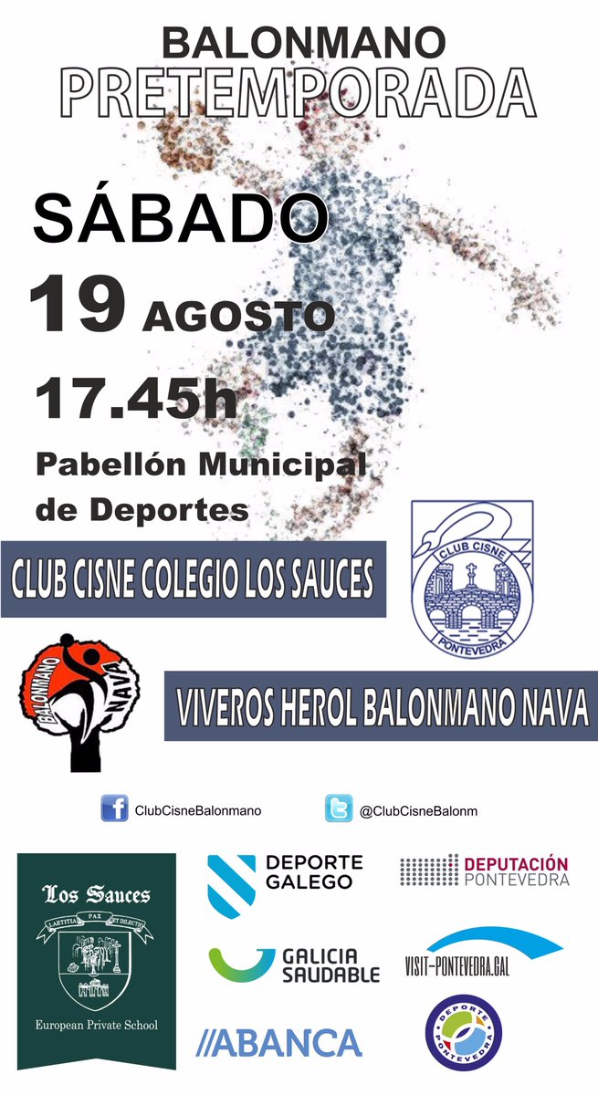 ClubCisneBalonm's tweet photo. ¡No os olvidéis! 
📆 Hoy, sábado 19
🏟 Pabellón Municipal Pontevedra
⚽🖑 @ClubCisneBalonm 🆚 @BalonmanoNava 
🕣 17.45h
🏆 Amistoso
🤾🔝💪#VamosCisne https://t.co/a0ymvaEuya