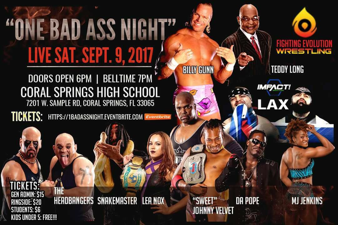 ptdd16's tweet photo. @FEW_survive Presents #OneBadAssNight Sept.9 #CoralSpringsHighSchool @teddyplayalong @RealBillyGunn plus a host of other major stars https://t.co/2y4kfdFv0e
