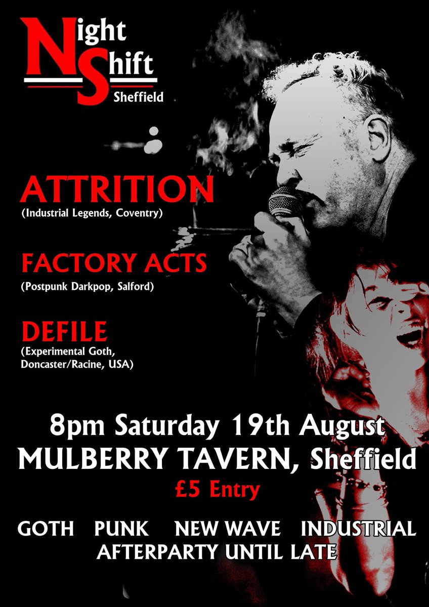 Looking forward to #Sheffield tonight @mulberry_the for @JTNSUK with Defile & @attritionuk First time playing the #synth city #Electronic