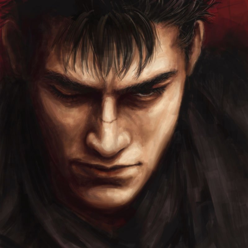 guts (berserk) 1boy male focus solo black hair scar portrait looking at viewer  illustration images