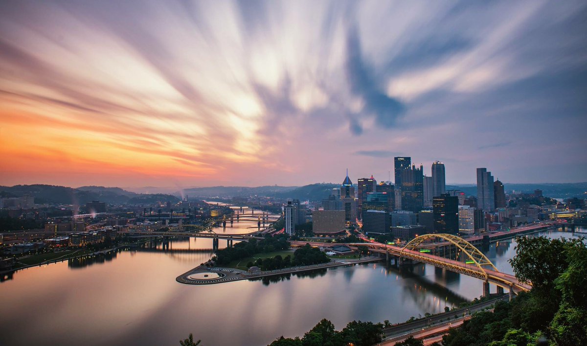 DaveDiCello's tweet image. A 3 minute exposure of clouds speeding over #Pittsburgh just before dawn, as the first light of day begins to glow on the horizon