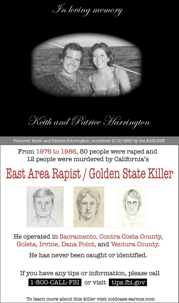 Tonight -- anniversary of the murders of Keith and Patrice Harrington, victims of the #eastarearapist #goldenstatekiller. Pray for justice.