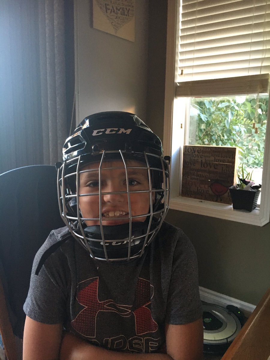Cody_Vogel18's tweet photo. Hey @CCMHockey, you make a comfy helmet because this kid just slept 9 hours in his new one. Taking off to eat. #res100 #excited #hockey https://t.co/tmBKC8Q20x