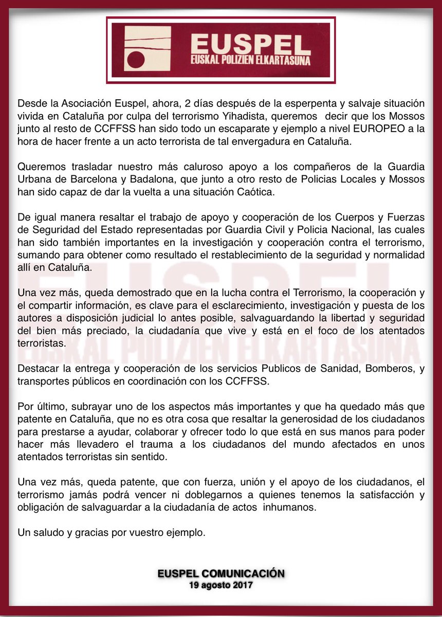 euspel1's tweet image. 🚨VALORACIÓN ASOCIACIÓN EUSPEL ERTZAINTZA ACONTECIMIENTOS #CATALUÑA 

Euspel Comunicación
#MossosdEsquadra #BarcelonaContigo 
@SapolSindicat