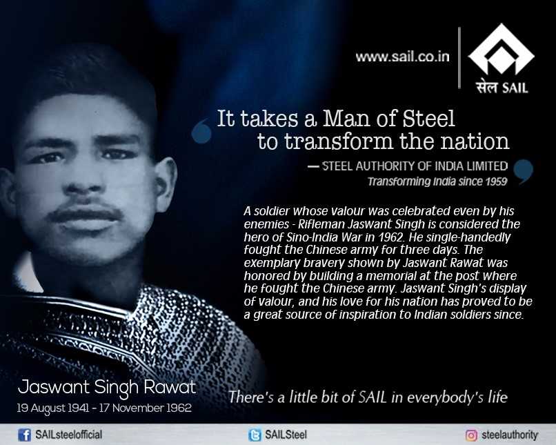 SAILsteel's tweet photo. #SAIL salutes #manofsteel, Jaswant Singh Rawat for his contributions & being a great source of inspiration to Indian soldiers. #SteelFighter https://t.co/LkfuXdhWEV