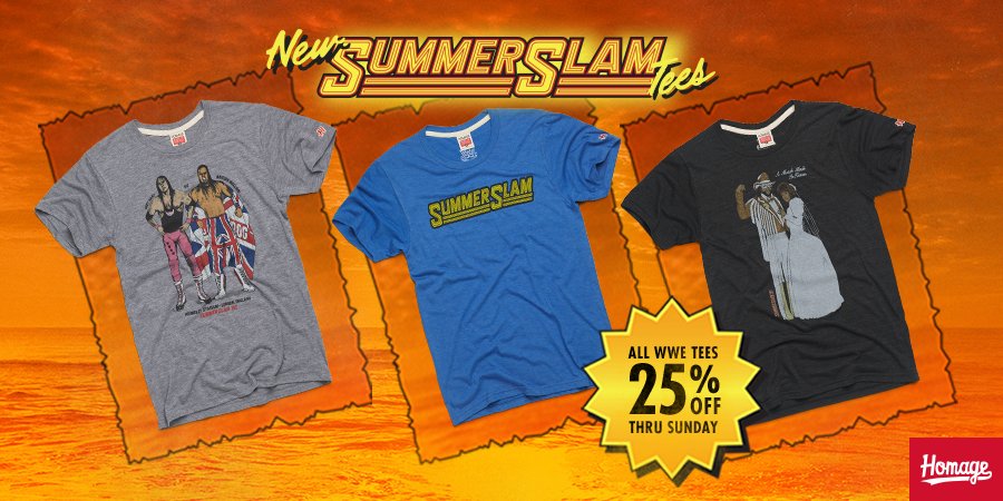 HOMAGE's tweet photo. Relive @SummerSlam’s greatest moments with three new tees + 25% OFF our whole @WWE collection thru Sunday. https://t.co/VS6OjNiTWd https://t.co/TvX66XGw4W