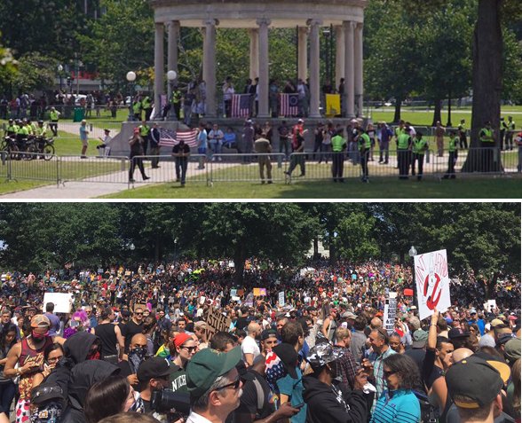 WilDonnelly's tweet photo. Boston "Free Speech" rally is over
Some Trump supporters sprayed with silly string
Est. crowd size=20
Counter Protest crowd size=20,000+ https://t.co/Cj5SgKfCQF