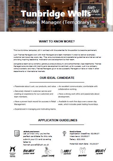 Hiring temp Trainee Manager ! Send CV &amp; cover letter to hannah.powell@lush.co.uk by 02/09/17 #lushtwells #twells