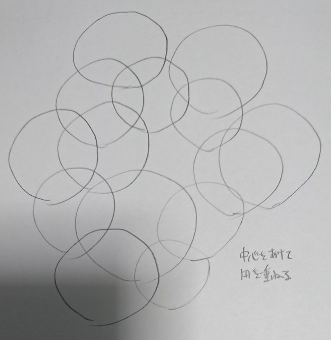 ガラスの割れ目とか描くときに適当な線を描いてから細かく描き足して仕上げてたんですが、ランダムな線を描くのが苦手だったんでこんな感じに練習してました。眠気覚ましに久しぶりにやってみたけど当時はもっと円を沢山重ねてたかも 