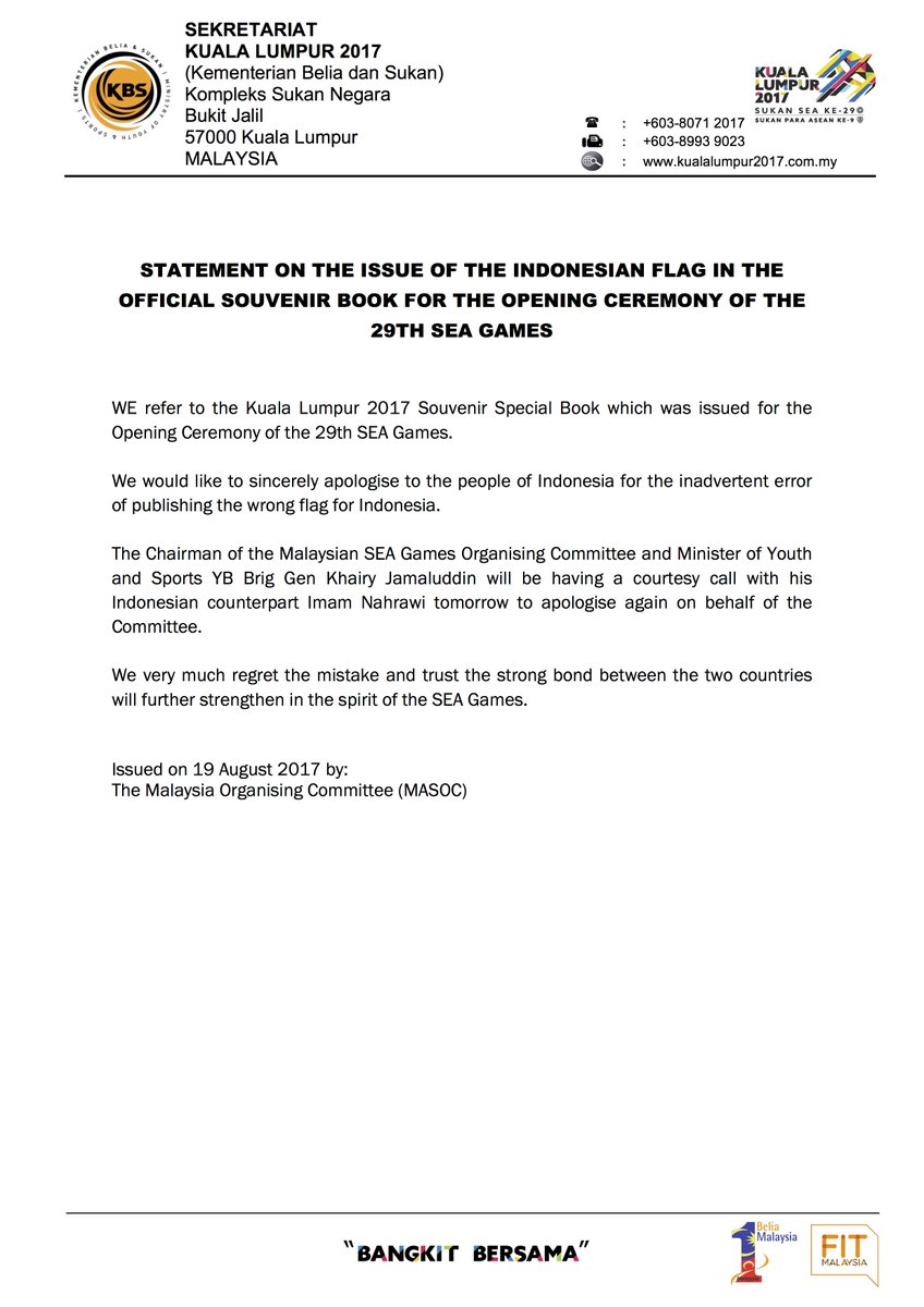 KL2017's tweet photo. Statement on the issue of the Indonesian flag in the Official Souvenir Book for the opening ceremony of the 29th SEA Games https://t.co/nRCja6MxfK