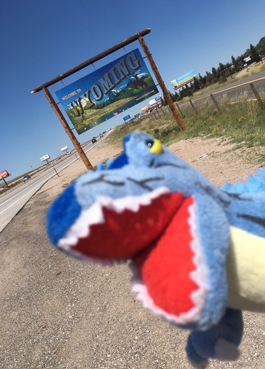 hmns's tweet photo. Archie tried to take a selfie once we crossed the Wyoming border "We made it!" #casperbound #trextrying #eclipsetakeover https://t.co/Ud7SIvLPGD