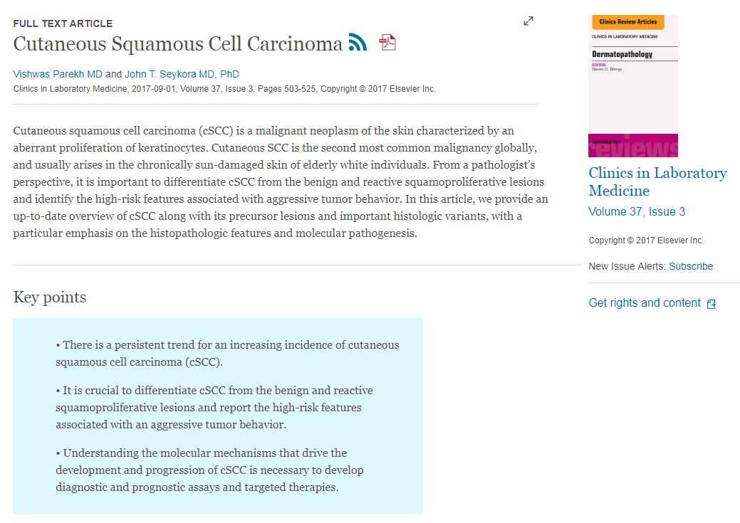 Cutaneous squamous cell carcinoma review: Clinics in Laboratory Medicine
Volume 37, Issue 3 (sciencedirect.com/science/journa…)