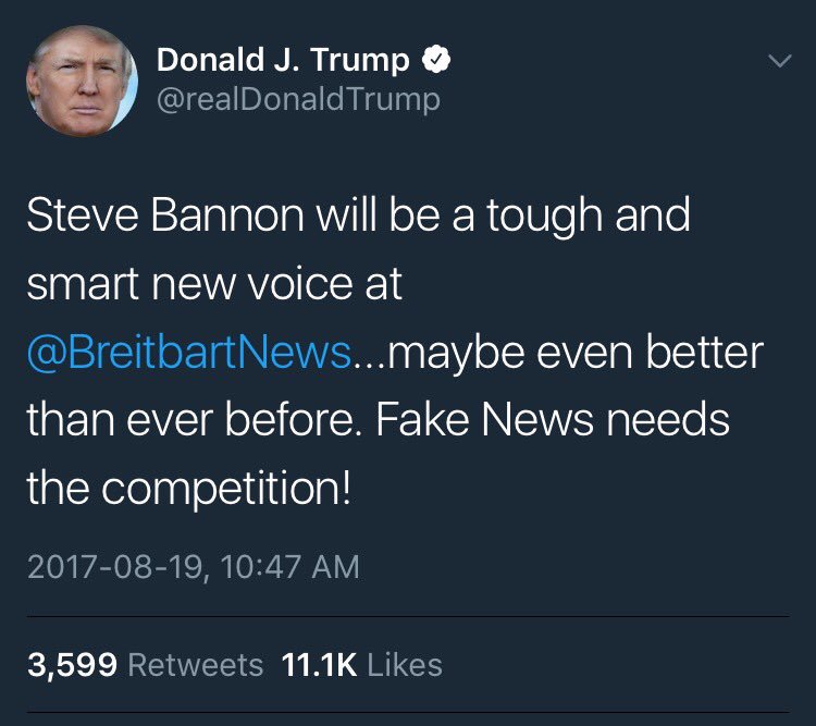 Vtrain365's tweet photo. Wait does @realDonaldTrump realize he equated @BreibartNews to #FakeNews... #sosmrt https://t.co/KkW0mxEKmU
