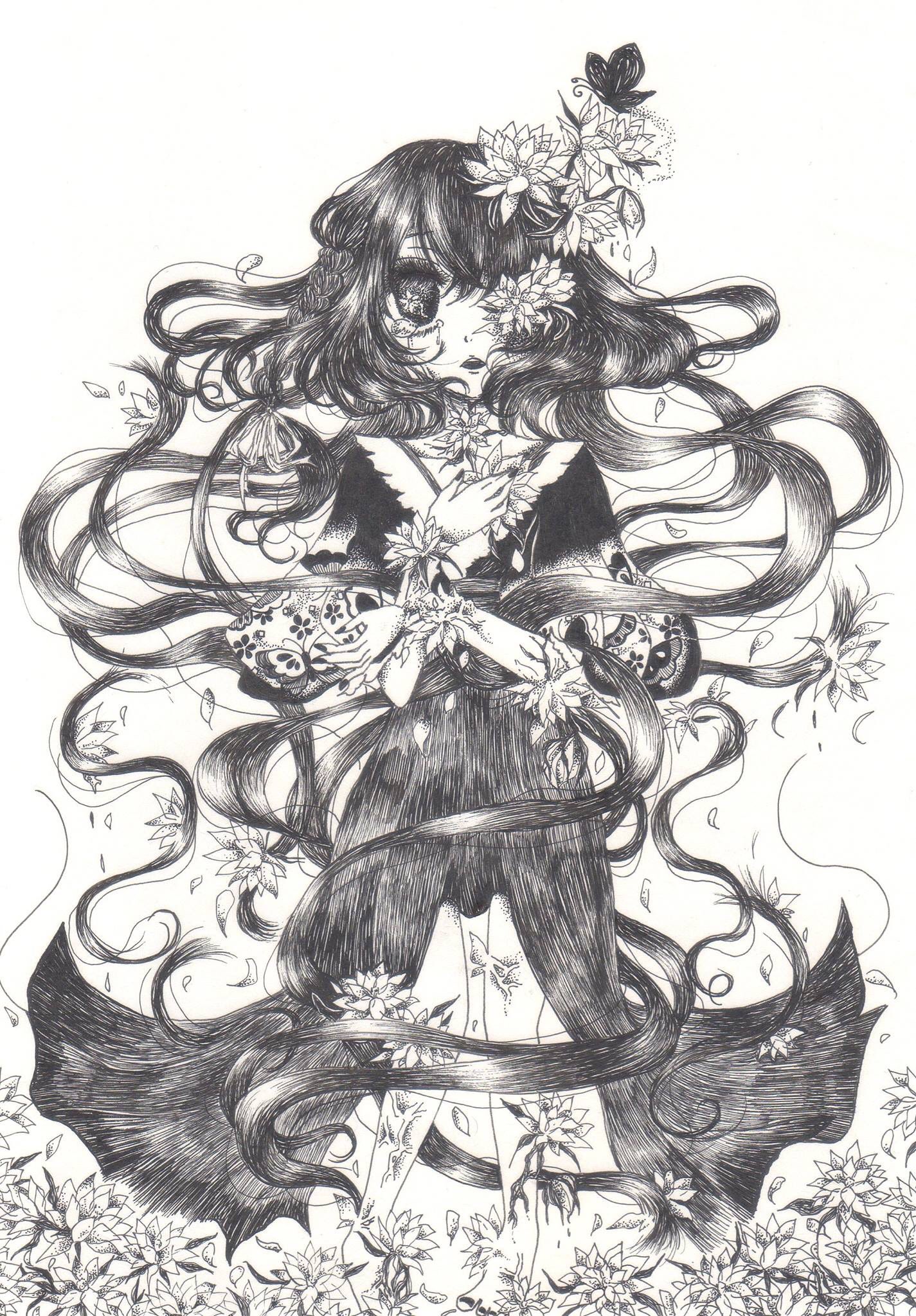 麗菜 れな 花散病 瞳 喉 手 髪 脚と順々に生気を栄養とし美しい花が咲く その花が満開になると散り枯れ果ててしまう奇病 十八に満たない少女のみが発症 今回の少女には 月下美人 が根付きました イラスト アナログ絵 ボールペン画 花散