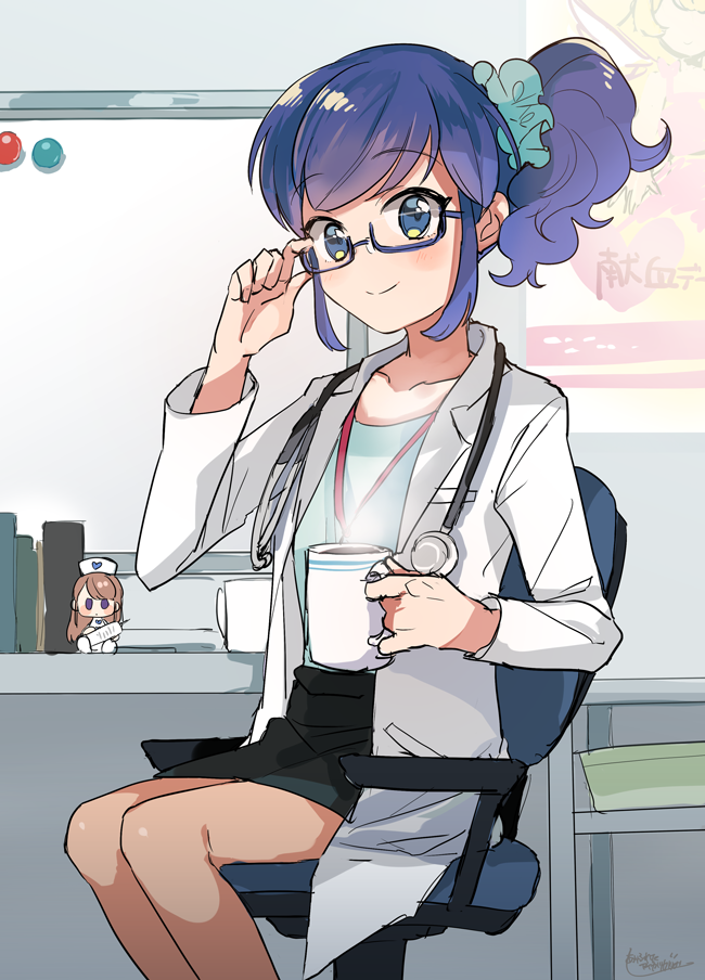 kiriya aoi doctor glasses blue hair cup labcoat sitting smile  illustration images