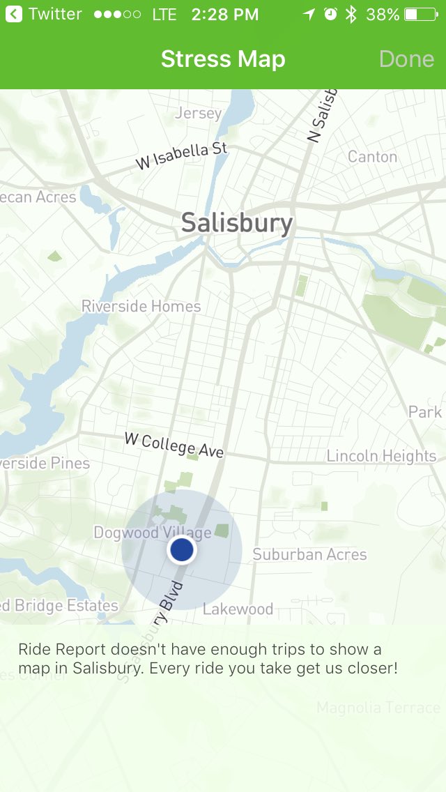 gmatthewdrew's tweet photo. Just recorded my 92nd ride in @CityofSBY on @RideReportApp => Please add our city (Salisbury MD) to your #stressmap. Your app is FANTASTIC! https://t.co/nwQ43sFOy8