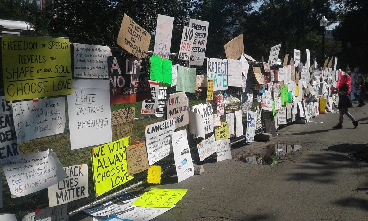 wdnsdyadamsftp's tweet photo. Wall of posters from rally today #fightsupremacy #BostonResist https://t.co/Y3eCPjQr22