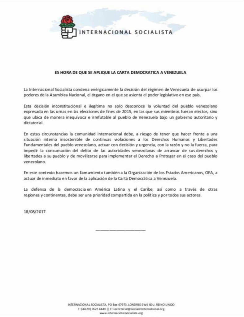 Comunicado de la Internacional Socialista.