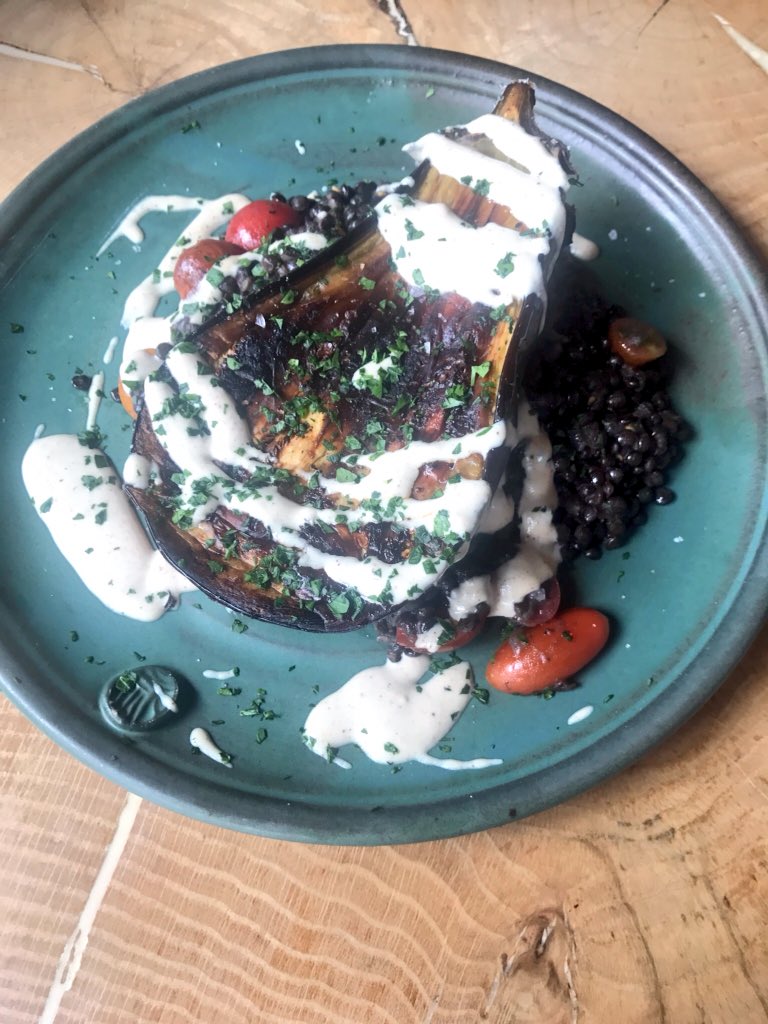 Roasted Rootbound Farm Eggplant: Stewed Lentils, Cherry Tomatoes, Tahini, Pine Nuts