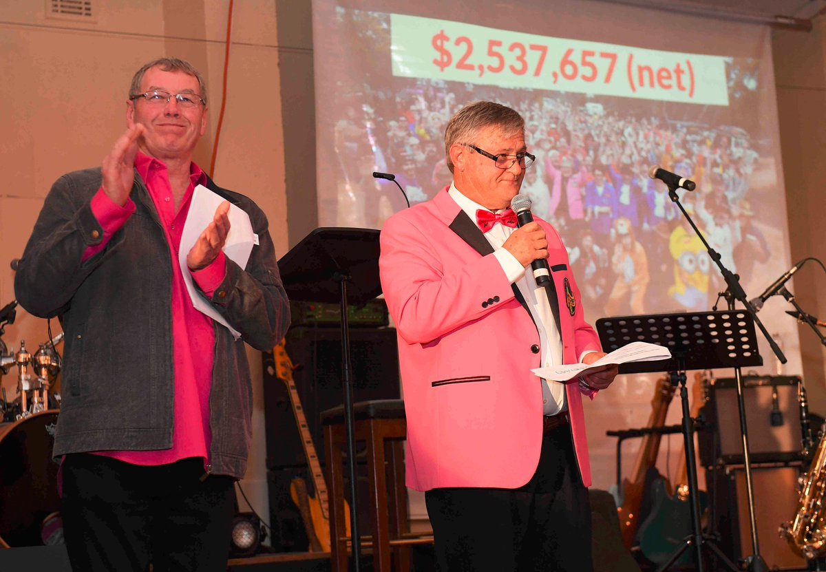 NJellicoe's tweet photo. Out going chairman Brenton "Rambo" Ramsey (right) announces this year's total raised, $2,537,657 net by the Bashers. #SAVarietyBash https://t.co/X7RAoIvley