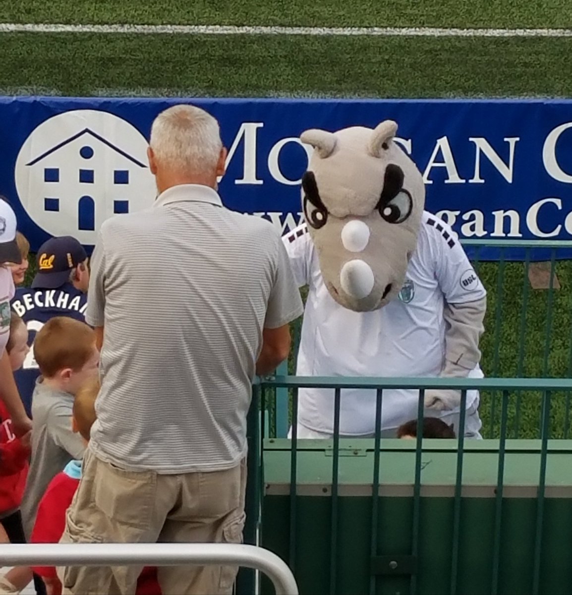 34ROCKYP's tweet photo. Good ol' @RextheRhino greeting his fandom @ tonight's @RochesterRhinos match. So popular, he could run for office! #VoteRex https://t.co/9G2aSOF9ID