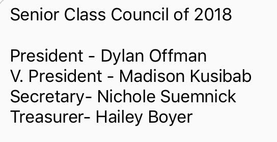 HuronChiefs2018's tweet photo. After our class meeting yesterday and votes all counted, congratulations to the following officers for the class of 2018: https://t.co/NsU8lkfWQr