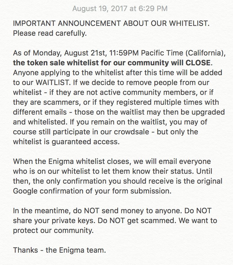 SecretNetwork's tweet photo. An important message about the community whitelist from the Enigma team. The whitelist closes soon for our Slack and Telegram communities. https://t.co/kKqgXme5Y8