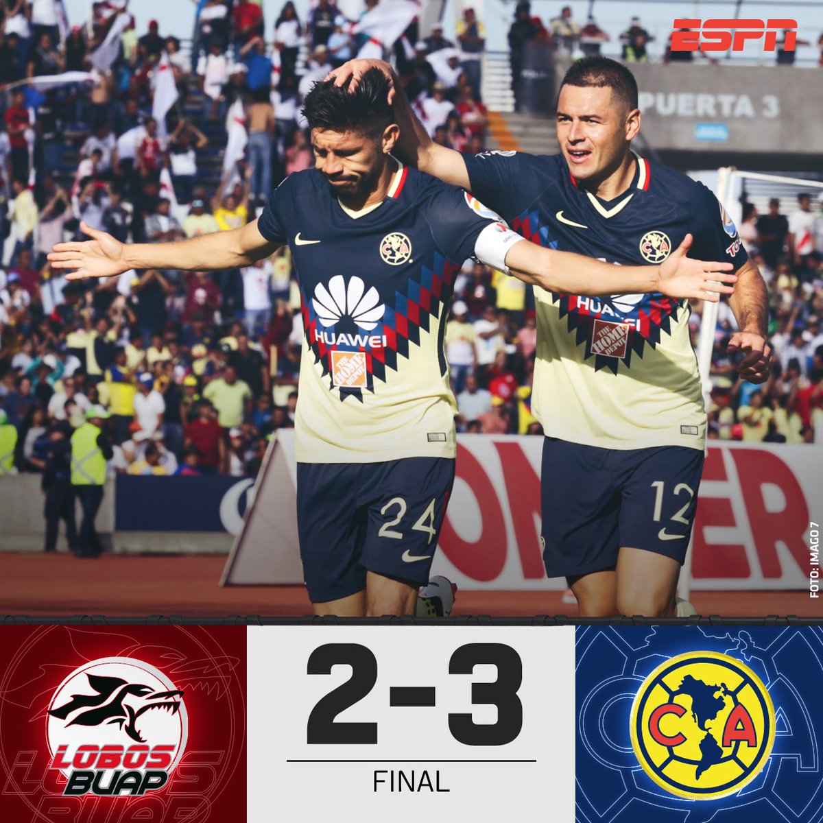 ESPNmx's tweet photo. ¡Se acaba el partido! 

@ClubAmerica gana en tierra de @LobosBuapMX en un partidazo 

🐺2-3🦅

https://t.co/U4hPZnuVmo https://t.co/eivwukjMBp