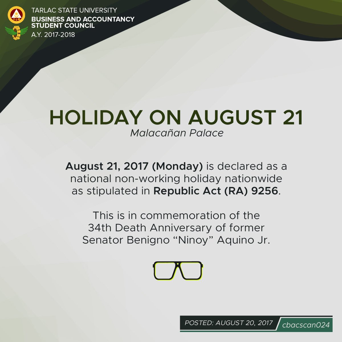 TSUCBACSC's tweet photo. Magandang Araw BAyan! Wala pong pasok sa August 21 dahil sa paggunita ng ika-34 na kamatayan ng dating Senador na si Ninoy Aquino. 

#CBACSC https://t.co/SbVdai2y2b