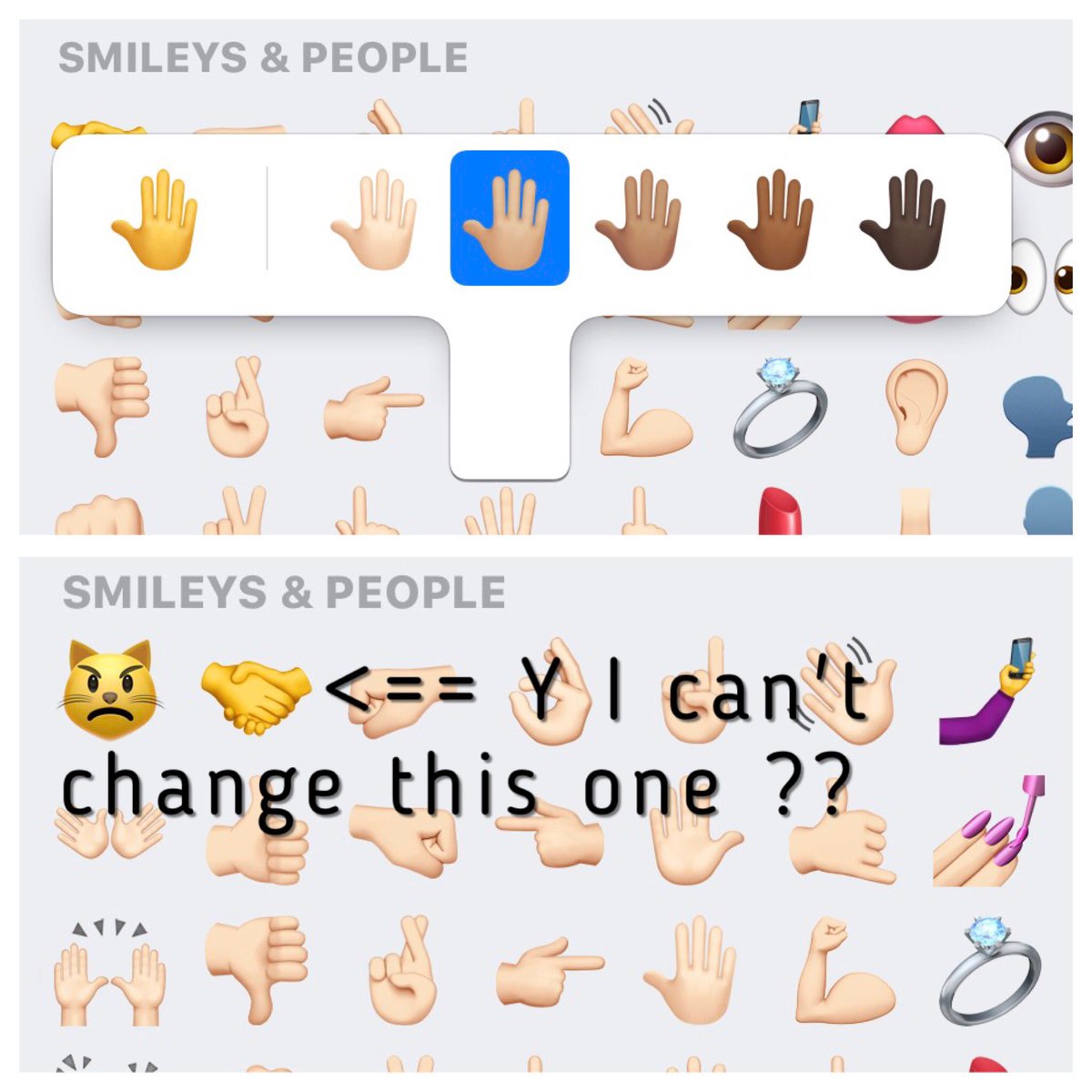 justcuttie's tweet photo. Wondering if there's something wrong with my iPhone, I can change all of them but this one "🤝" https://t.co/KU7oZO1XO7