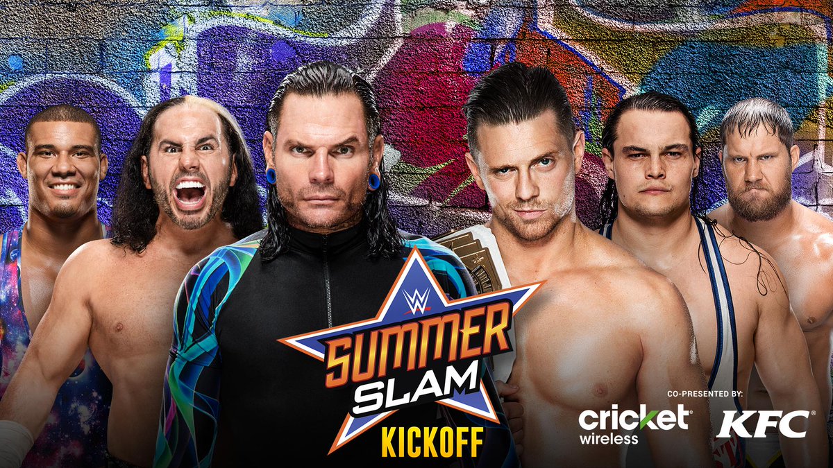 SummerSlam's tweet photo. The #HardyBoyz and @JasonJordanJJ take on @mikethemiz and #TheMiztourage TONIGHT in the #SummerSlam #KickOff! https://t.co/pKNL3JNnkW https://t.co/bUeQDIEbXU