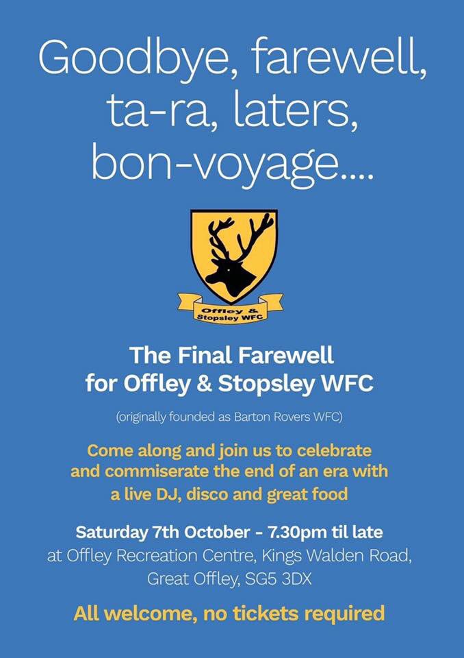 After 3 consecutive years Beds County Cup finalists, Beds &amp; Herts League Winners 2013/14 the club has sadly come to an end! #OFFLEY⚽️