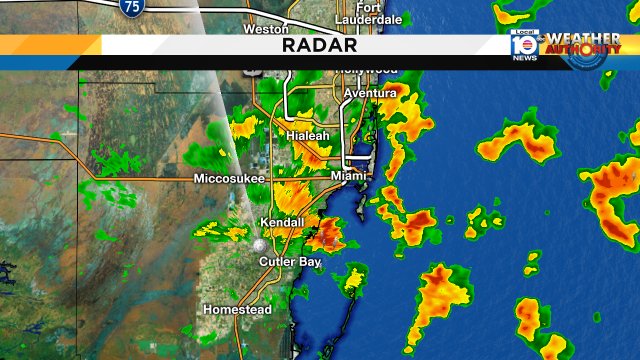 Showers & storms across #MiamiDade right now. Drying out after 2pm today. Today's forecast high 89° #wetWX #Flwx https://t.co/3dMK3vTzNS