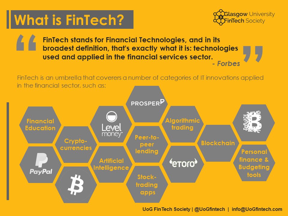 UoGfintech's tweet image. #FinTechBasics: What is FinTech? Join our new student society to learn more! #fintech #innovation #blockchain #p2p #crypto #apps #invest #AI