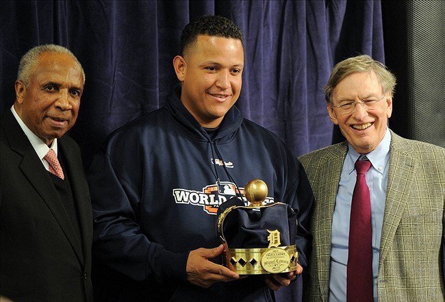 #OTD #10YearsAgo Miguel Cabrera is presented with a Triple Crown trophy before Game 3 of the World Series