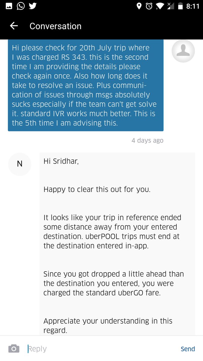 SridharIdhar's tweet photo. @Uber @Uber_Support @Uber_India 2 month issue not resolved. 6Km pool cost me Rs370 and saying this is a standard Go fare.
Refund my money #FraudUber #ShameUber #CheatUber https://t.co/iyIREh70V5