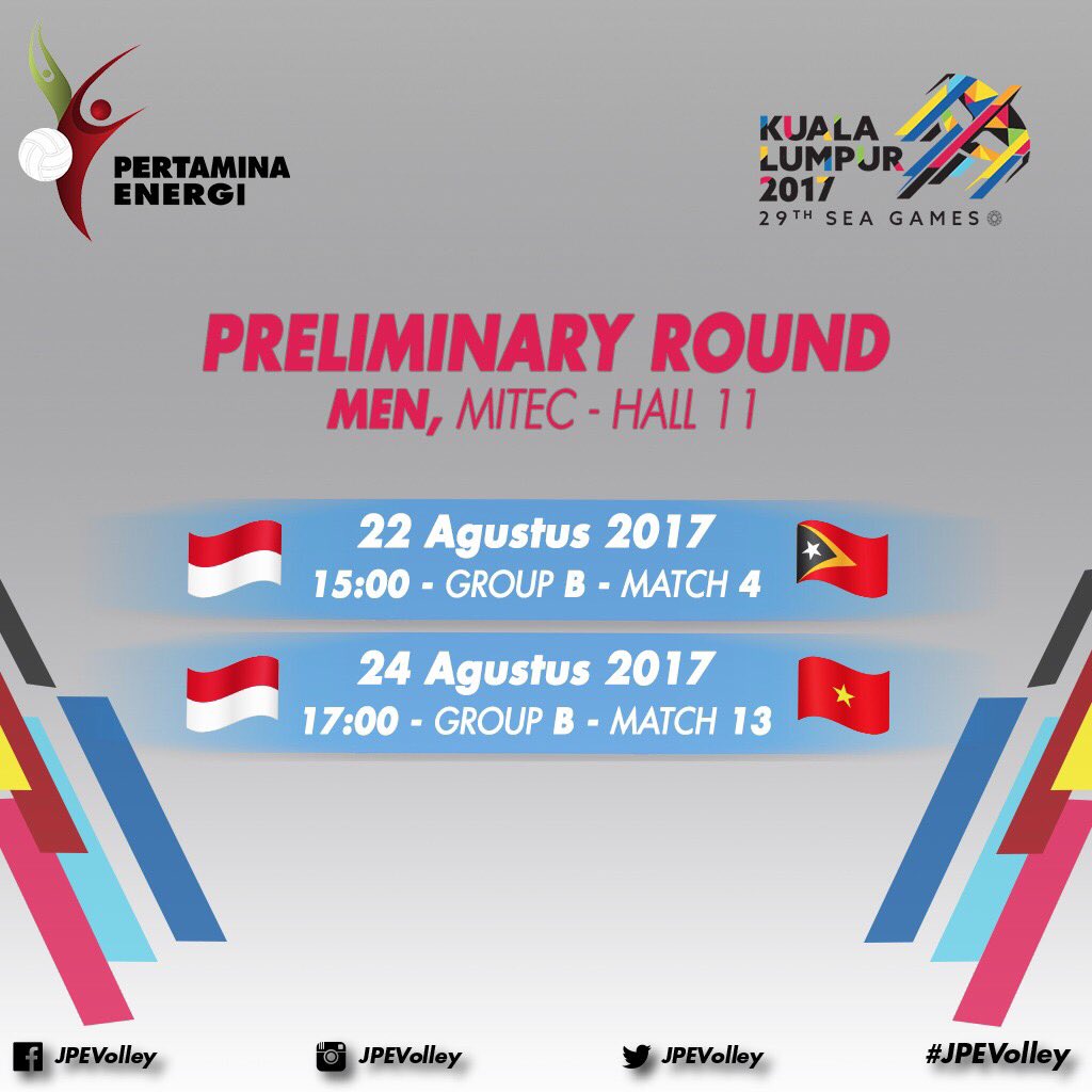JPEVolley's tweet photo. Inilah jadwal babak penyisihan Timnas Voli Putra Indonesia yang akan memperjuangkan negara Indonesia di #SEAGames2017 https://t.co/uI86DG0O9u
