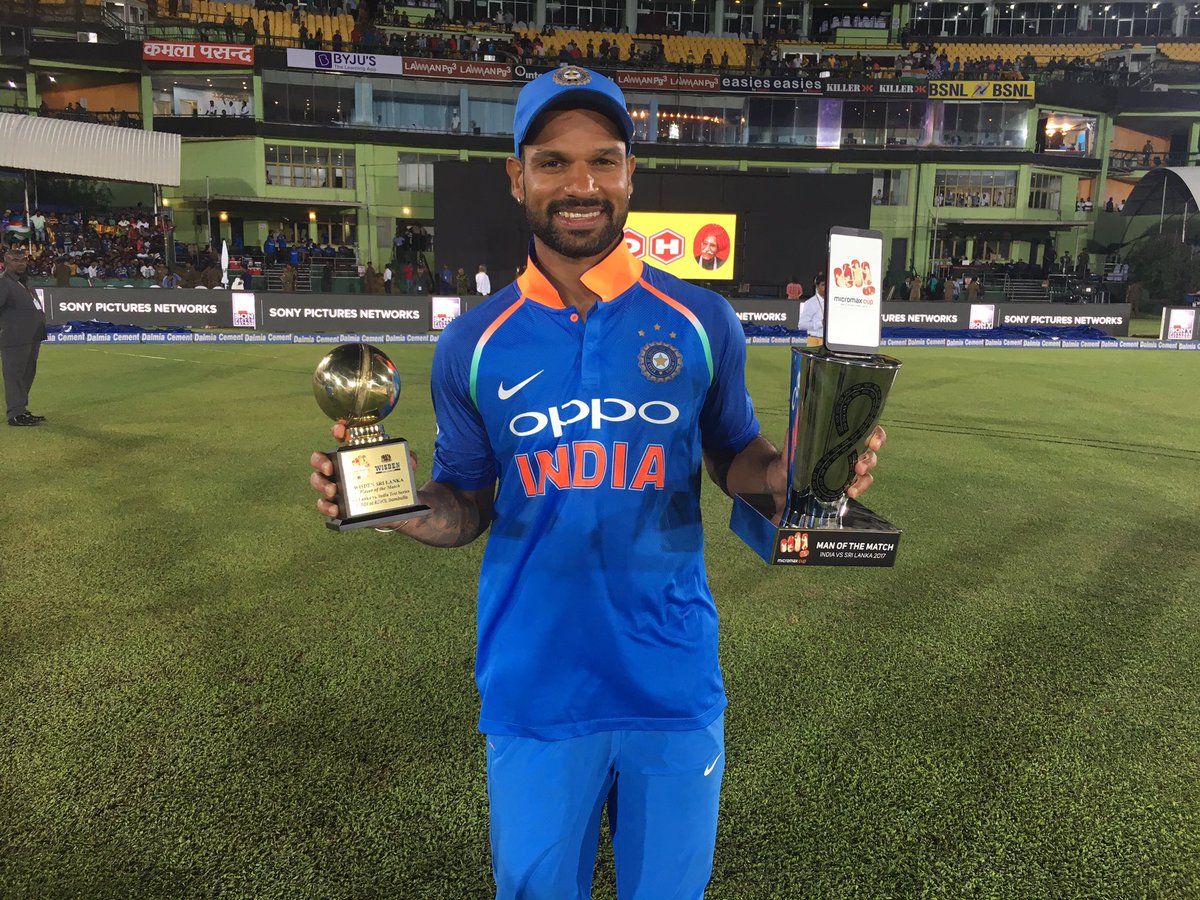 BCCI's tweet photo. .@SDhawan25 gets the Man of the Match award for his knock of 132* off 90 balls #SLvIND https://t.co/Wl9grYlefq