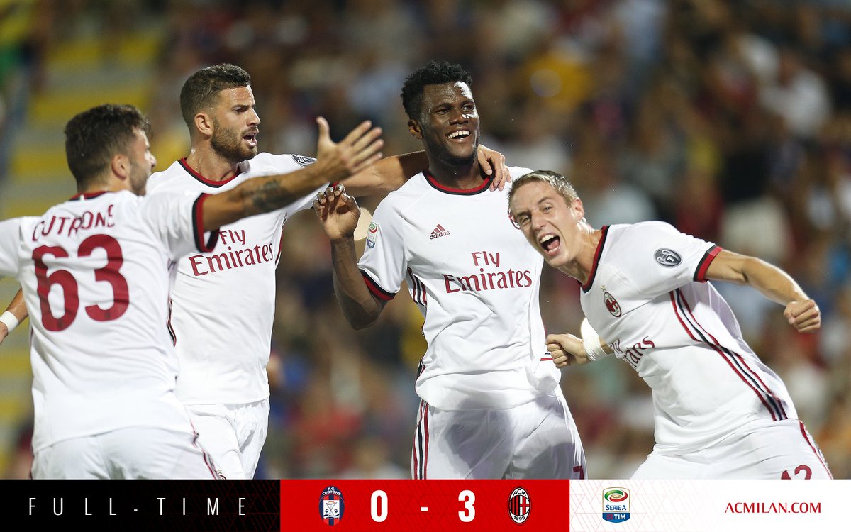 Full-Time / Fischio Finale 🔚
#CrotoneMilan 0-3
6' <a href="/KessieFranck/">Franck Kessié</a> ⚽️🔴⚫️
18' Cutrone ⚽️🔴⚫️
23' <a href="/suso30oficial/">SusoFernandez</a> ⚽️🔴⚫️