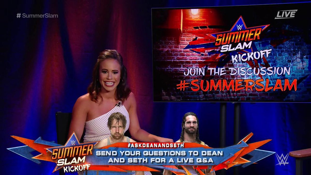 WWEUniverse's tweet image. Keep the questions coming with #AskDeanandSeth, as @TheDeanAmbrose &amp;amp; @WWERollins will join @CharlyCarusoWWE later on #SummerSlam Kickoff!