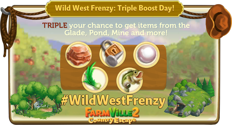 farmville2's tweet photo. It’s Day 3 of #WildWestFrenzy🐎 on #FarmVille2CountryEscape 🤠  Play today &amp; TRIPLE YOUR CHANCE TO GET ITEMS from the Glade,Pond,Mine &amp; more🔷 https://t.co/LWzEmw8NUs