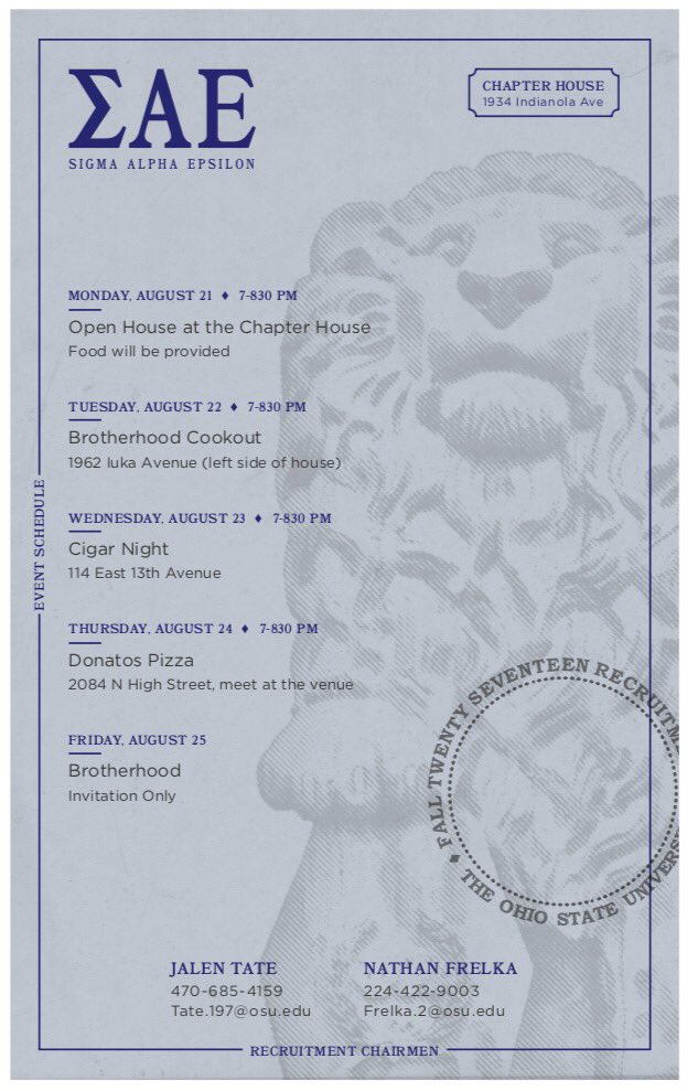 Ohio State ΣΑΕ presents its official Autumn 2017 Rush Schedule! Contact a brother for more details