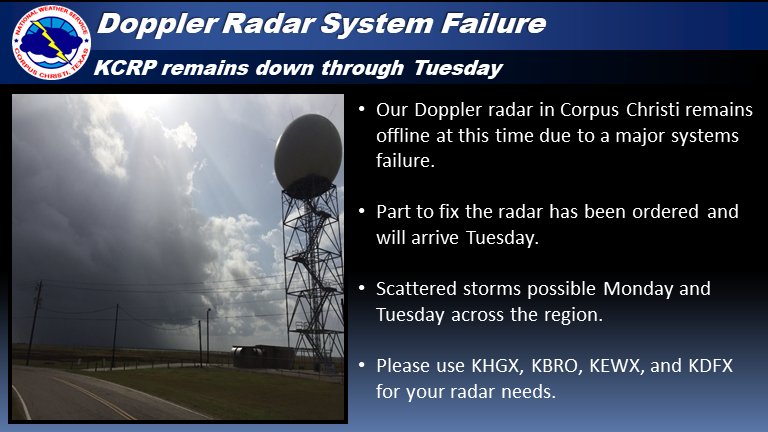 NWSCorpus's tweet photo. Unfortunately our KCRP radar remains down at this time. A fix is on the way. Thanks for you patience. #stxwx #radarproblems #txwx https://t.co/ggNuVacNQi