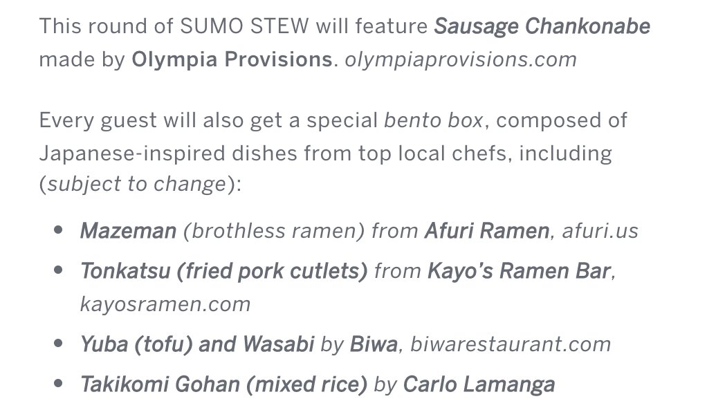 . #SUMOSTEW #PDX 9/12 menu <a href="/OPpdx/">Olympia Provisions</a> biwarestaurant.com #AfuriRamen kayosramen.com <a href="/twistedfilipino/">Carlo Lamagna</a> TIX: sumostew.com