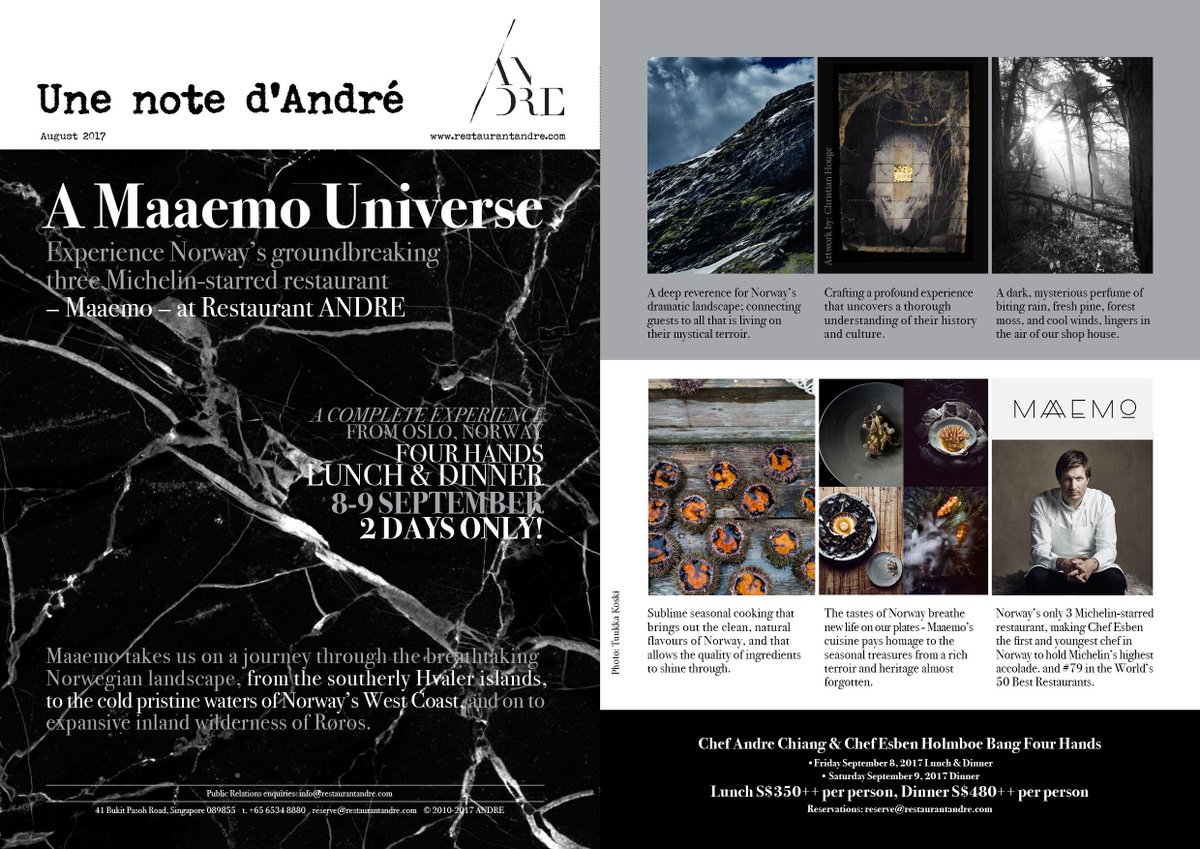 Coming 8 &amp; 9 Sep! 
Maaemo x Restaurant ANDRE: A Maaemo Universe 🌍
Make reservations NOW! reserve@restaurantandre.com
bit.ly/2ihDPYo