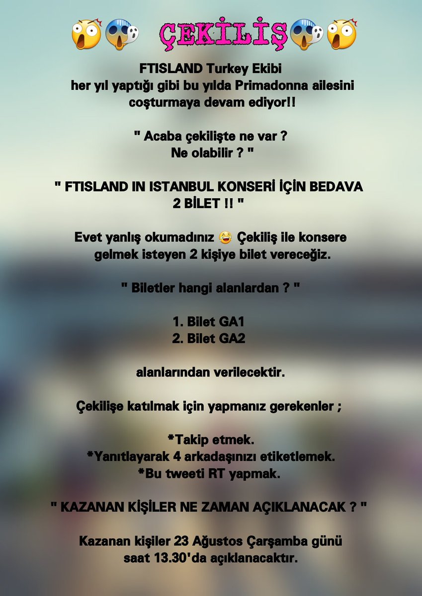 FTISLAND_Turkey's tweet photo. 😲😱 ÇEKİLİŞ😱😲

ÖHÖM ÖHÖM 

FTISLAND Turkey Ekibi 2017 için büyük çekilişini sunuyor!

Son gün : 23 Ağustos saat 13.30 https://t.co/JgSu9JZ3In