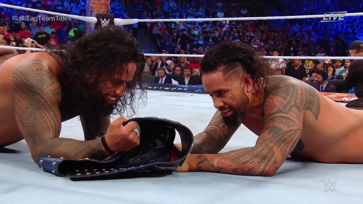 WWE's tweet image. It&apos;s DAY ONE...of the @WWEUsos&apos; SECOND reign as #SDLive #TagTeamChampions! WHAT A MATCH on #SummerSlam Kickoff! #TagTeamTitles